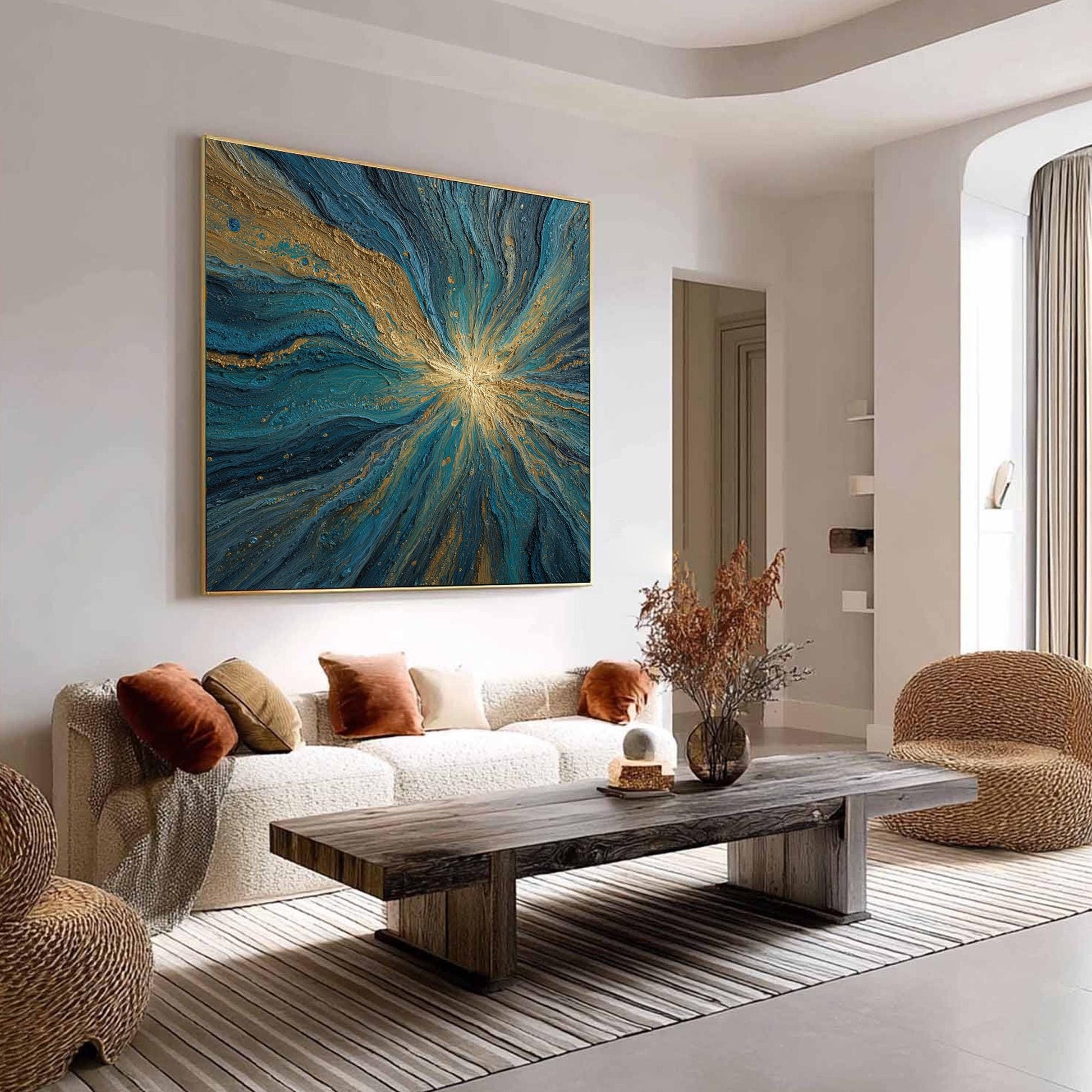 Textured Abstract Oil Painting, Swirling Blue and Gold Artwork – Blue and Gold Abstract Wall Art | Textured Hand-Painted Oil 
