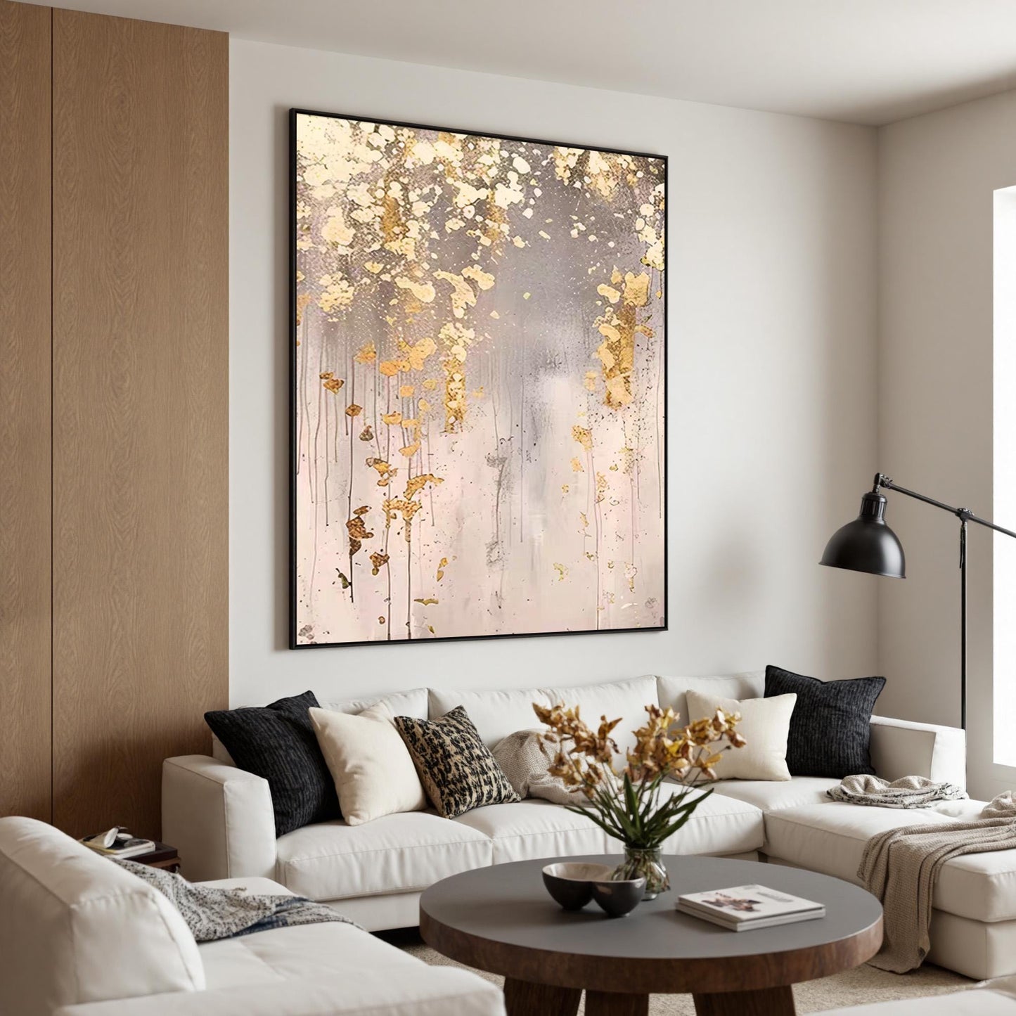Oversized Gold Leaf – Oversized Gold and Grey Botanical Leaf Wall Art | Wabi-Sabi Textured Hand-Painted Painting, view 2
