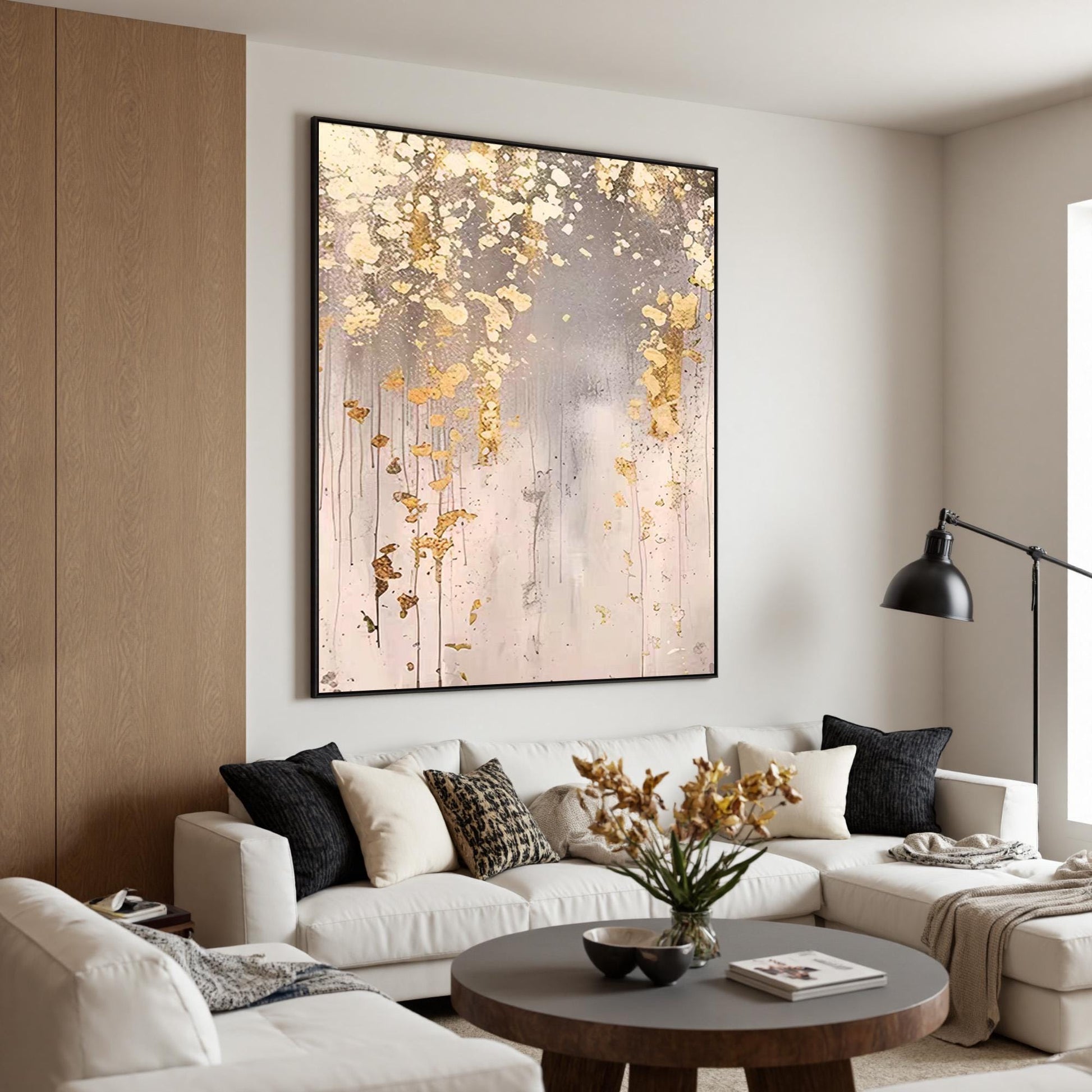 Oversized Gold Leaf – Oversized Gold and Grey Botanical Leaf Wall Art | Wabi-Sabi Textured Hand-Painted Painting, view 2