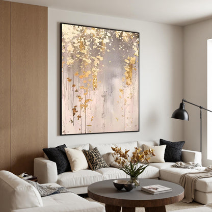 Oversized Gold Leaf – Oversized Gold and Grey Botanical Leaf Wall Art | Wabi-Sabi Textured Hand-Painted Painting, view 2
