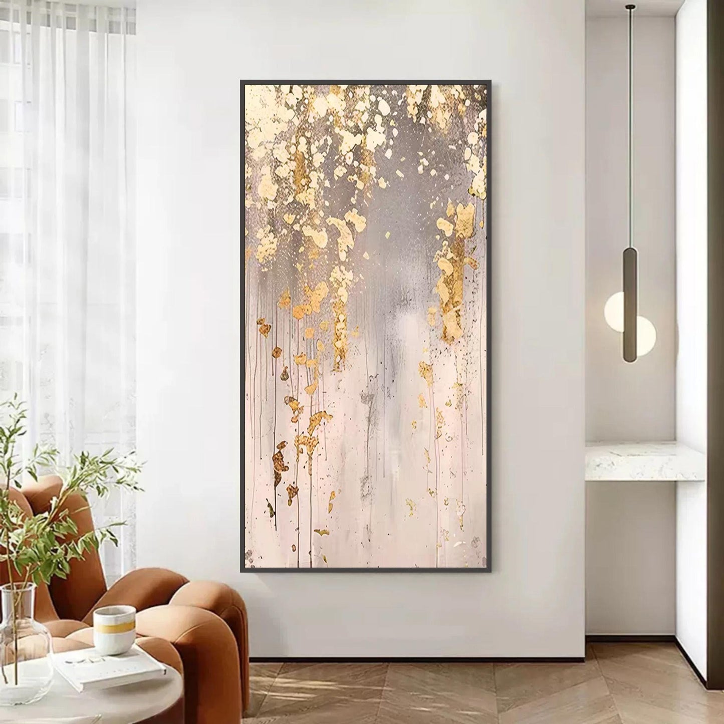 Oversized Gold Leaf – Oversized Gold and Grey Botanical Leaf Wall Art | Wabi-Sabi Textured Hand-Painted Painting, view 4