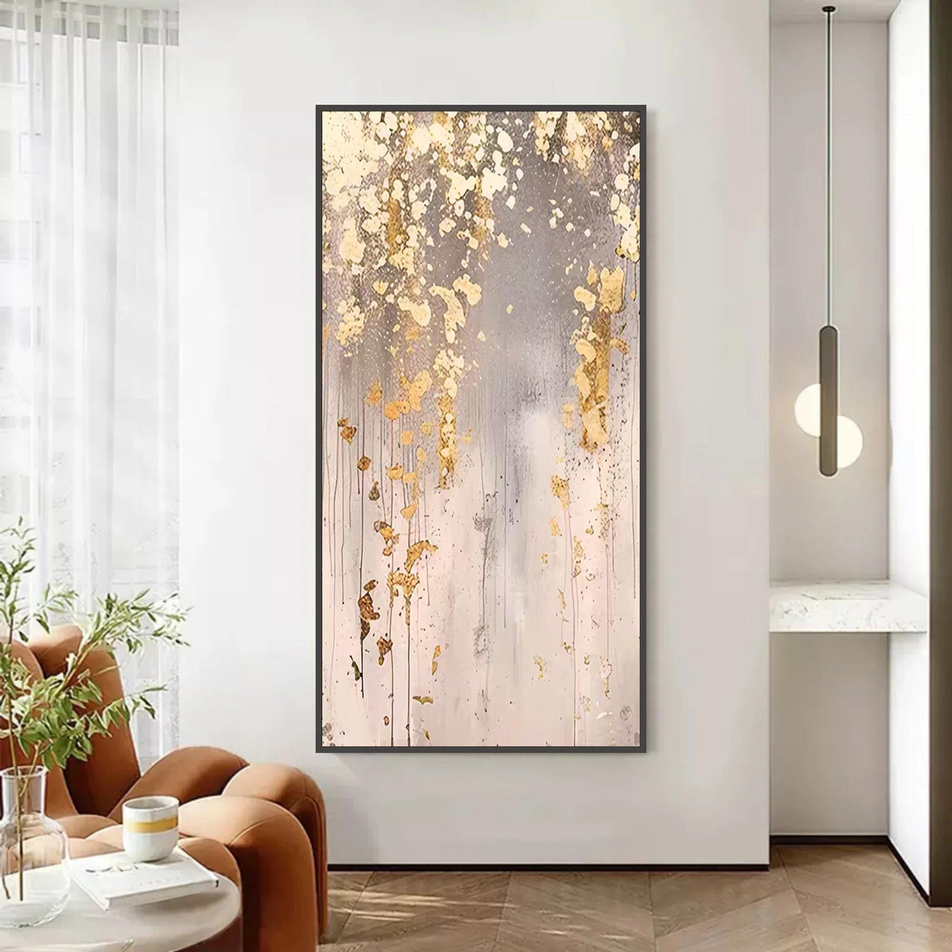 Oversized Gold Leaf – Oversized Gold and Grey Botanical Leaf Wall Art | Wabi-Sabi Textured Hand-Painted Painting, view 4