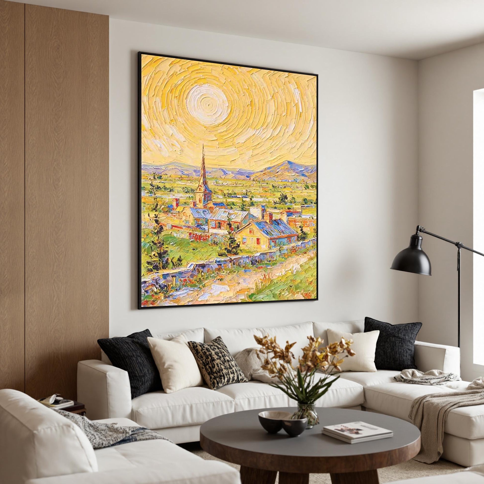 Textured Impasto Oil Painting, Van Gogh Style Village Landscape, Sunny Wall Art – Colorful Village City Architecture Wall Art