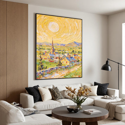 Textured Impasto Oil Painting, Van Gogh Style Village Landscape, Sunny Wall Art – Colorful Village City Architecture Wall Art