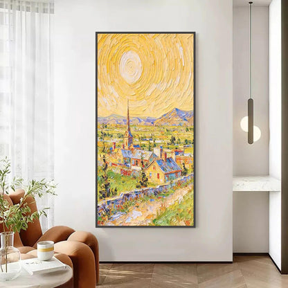 Textured Impasto Oil Painting, Van Gogh Style Village Landscape, Sunny Wall Art – Colorful Village City Architecture Wall Art
