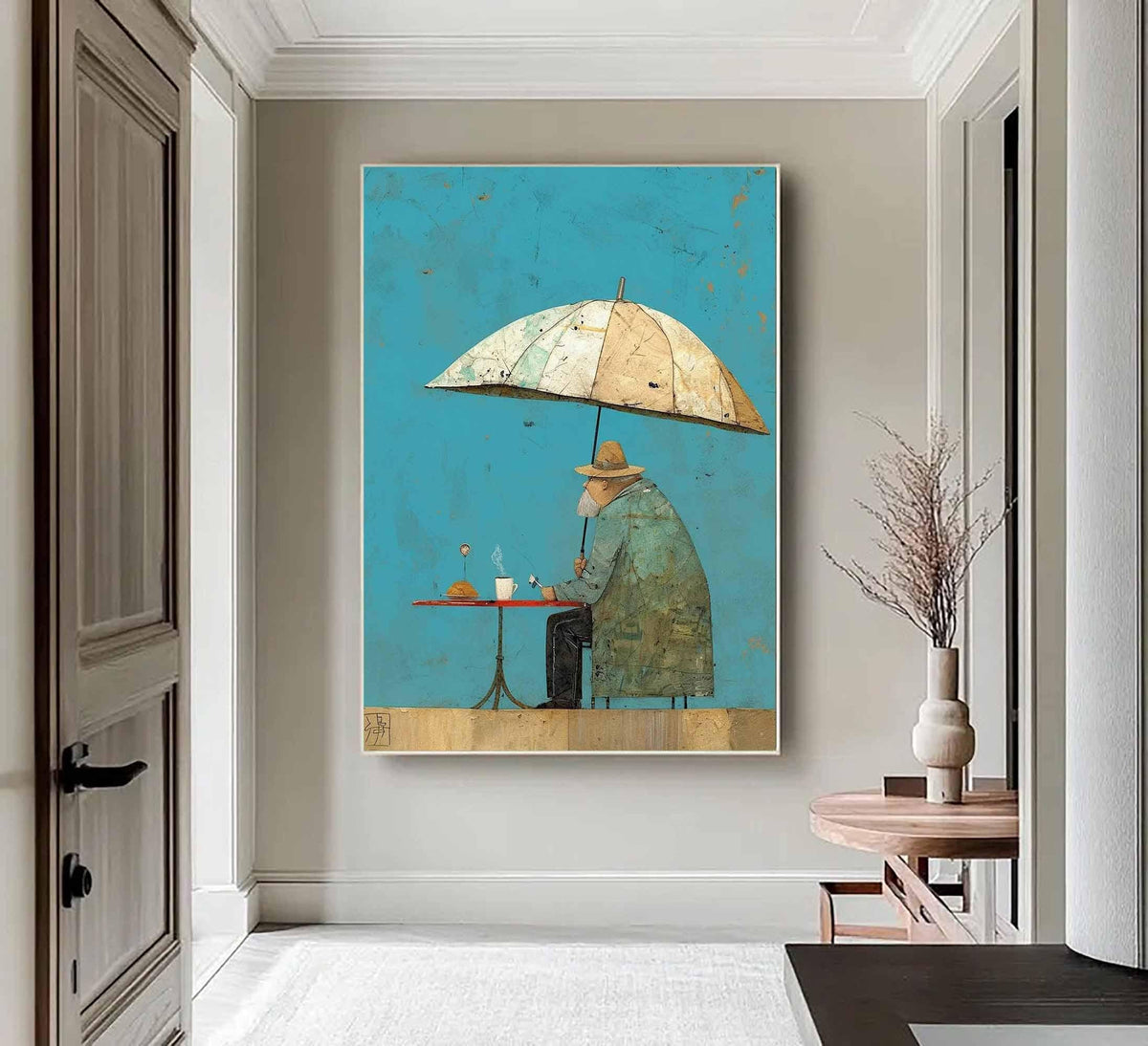 Umbrella Man Wall Art Vintage Cafe Figurative Canvas Painting for Modern Dining Room Decor