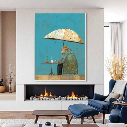 Umbrella Man Wall Art Vintage Cafe Figurative Canvas Painting for Modern Dining Room Decor