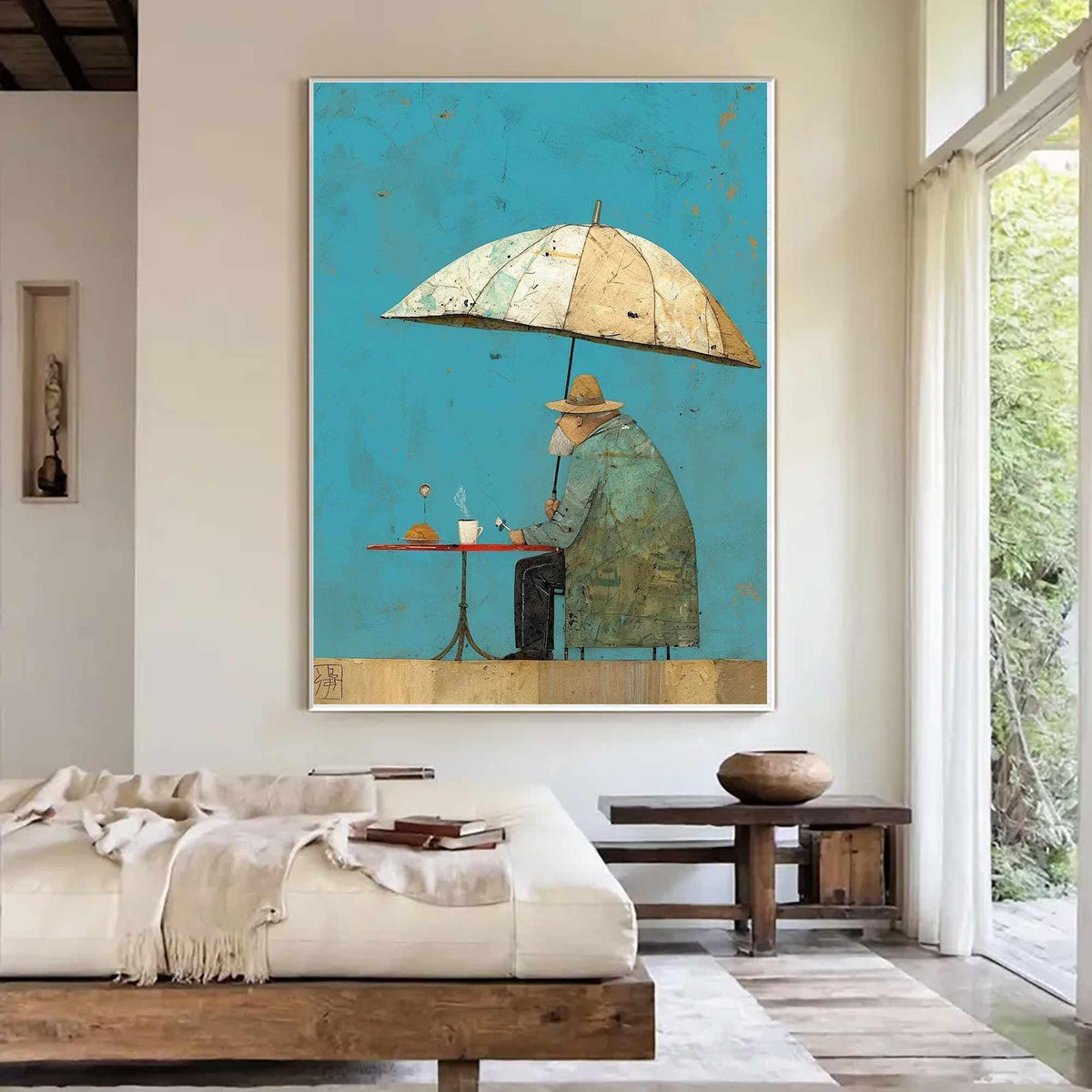 Umbrella Man Wall Art Vintage Cafe Figurative Canvas Painting for Modern Dining Room Decor