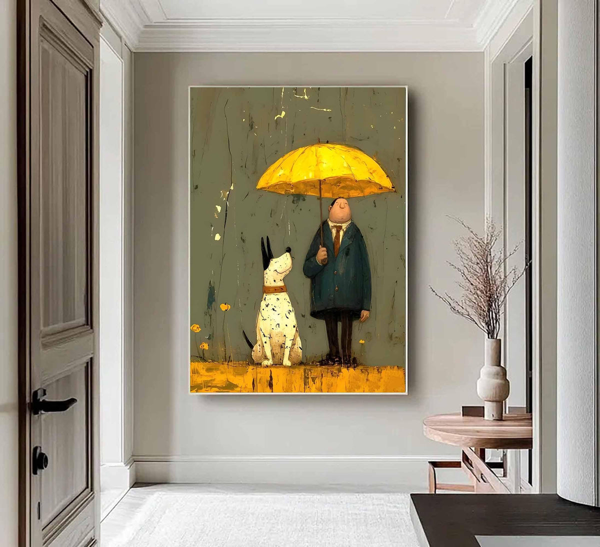 May include: A framed art print depicts a man holding a yellow umbrella, sheltering a spotted dog. The artwork features a muted color palette with a textured background. The dog is sitting, and the man is standing. The art piece is displayed in a hallway.