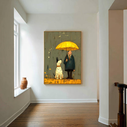 May include: A framed art print depicts a man and a dog under a yellow umbrella. The man wears a dark coat and tie, while the dog is white with black spots. The background is a muted green with yellow accents, creating a whimsical scene.