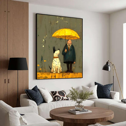 May include: A framed art print depicts a man and a dog under a yellow umbrella. The man wears a dark coat and holds the umbrella. The dog is white with black spots and sits beside the man. The background is a muted green with yellow accents.