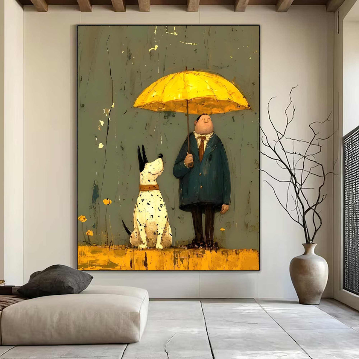 May include: A whimsical painting depicts a man with a yellow umbrella sheltering a spotted dog. The man wears a dark blue coat and a brown tie. The dog is white with black spots and ears. The background is a muted green with yellow accents.