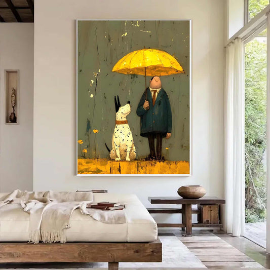 May include: An artistic painting depicts a man with a yellow umbrella sheltering a spotted dog. The man wears a dark green coat and a tie. The dog is white with black spots and a brown collar. The background is a muted green with yellow accents.