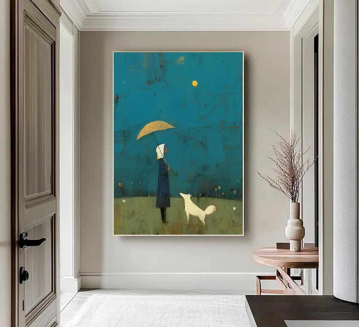 Girl and White Dog Art Under Yellow Umbrella | Hand-painted Abstract Wall Art | Minimalist Blue Landscape Painting | Modern Storybook Decor