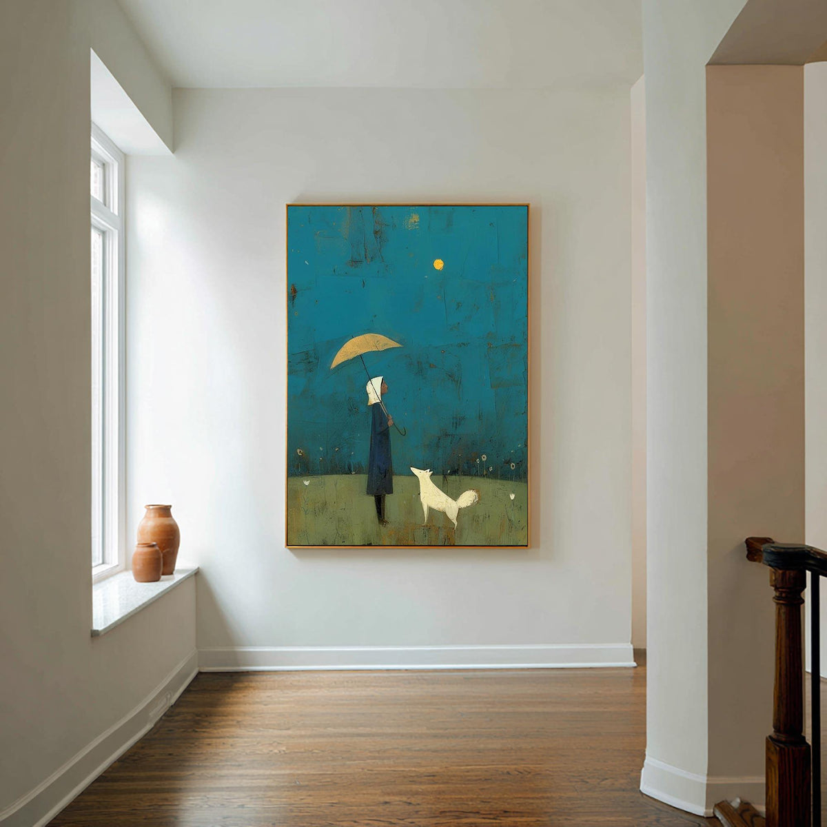Girl and White Dog Art Under Yellow Umbrella | Hand-painted Abstract Wall Art | Minimalist Blue Landscape Painting | Modern Storybook Decor