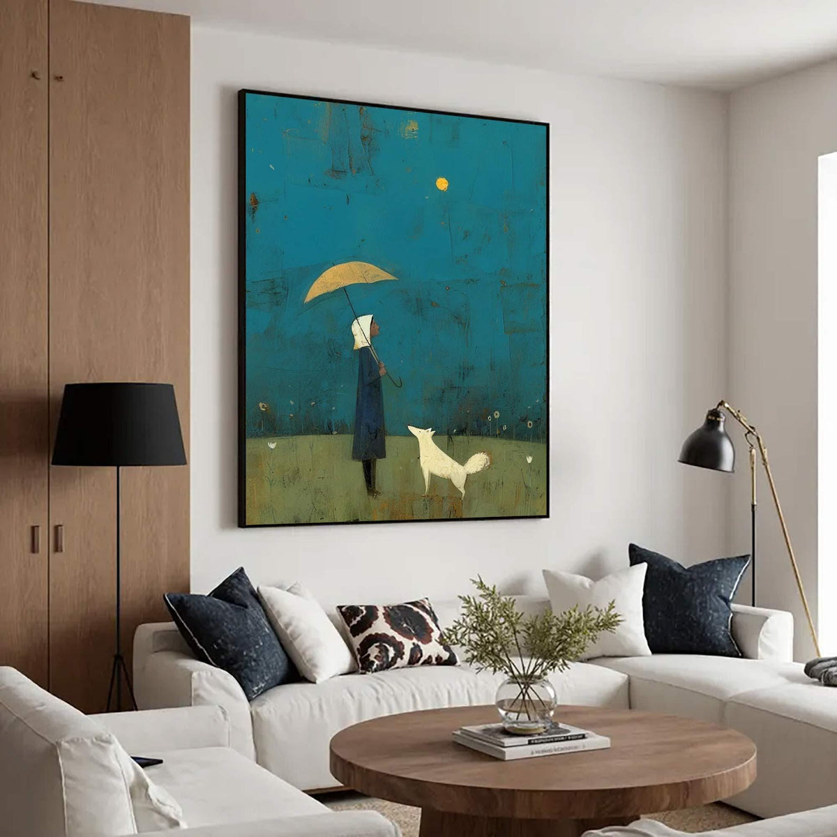 Girl and White Dog Art Under Yellow Umbrella | Hand-painted Abstract Wall Art | Minimalist Blue Landscape Painting | Modern Storybook Decor