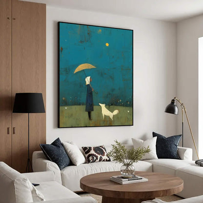 Girl and White Dog Art Under Yellow Umbrella | Hand-painted Abstract Wall Art | Minimalist Blue Landscape Painting | Modern Storybook Decor