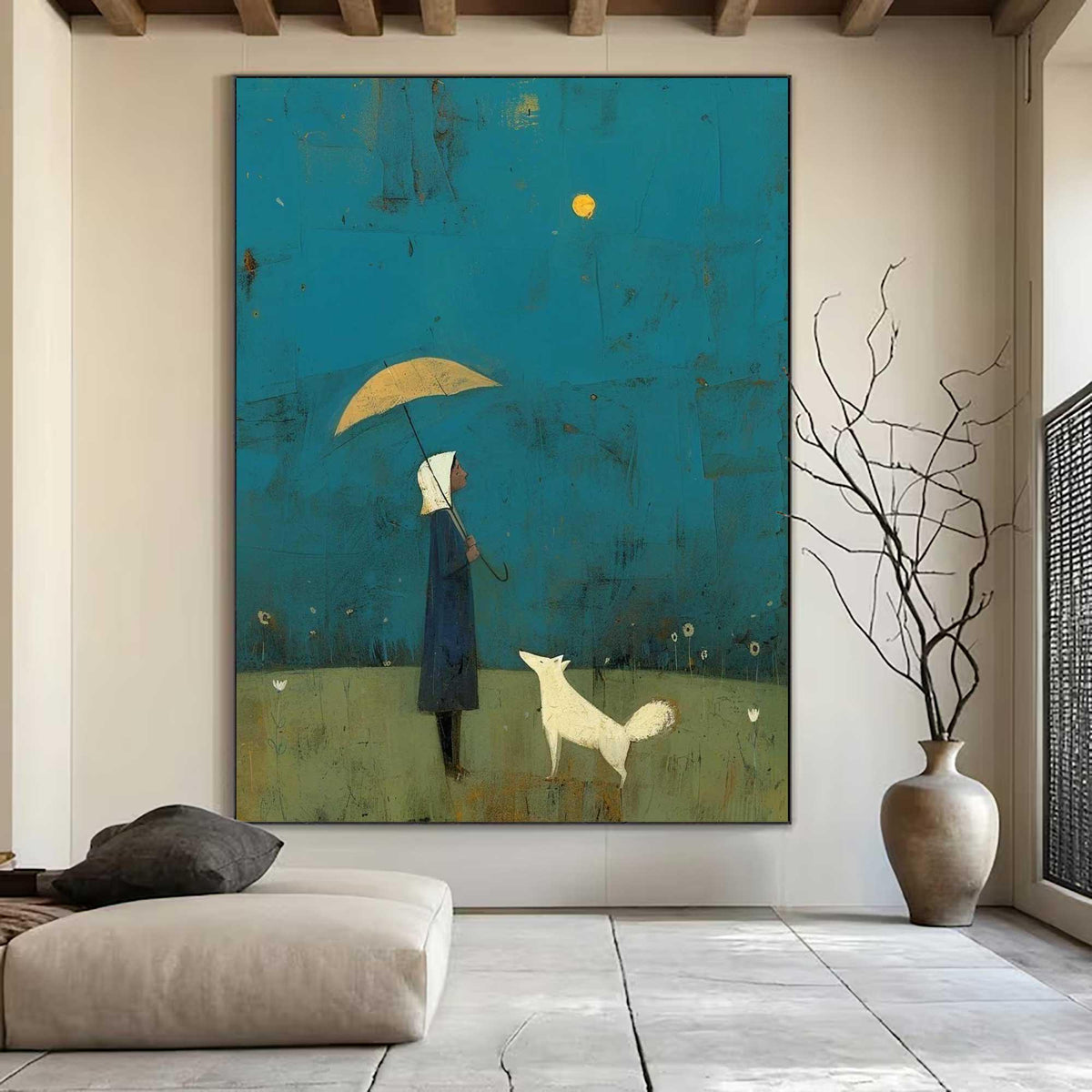 Girl and White Dog Art Under Yellow Umbrella | Hand-painted Abstract Wall Art | Minimalist Blue Landscape Painting | Modern Storybook Decor