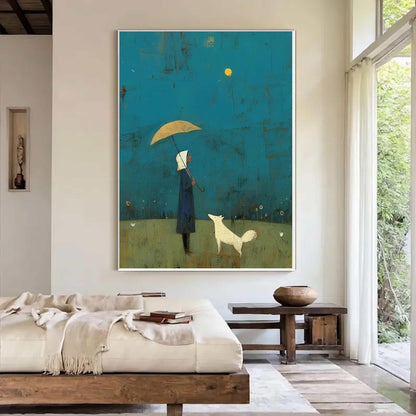 Girl and White Dog Art Under Yellow Umbrella | Hand-painted Abstract Wall Art | Minimalist Blue Landscape Painting | Modern Storybook Decor