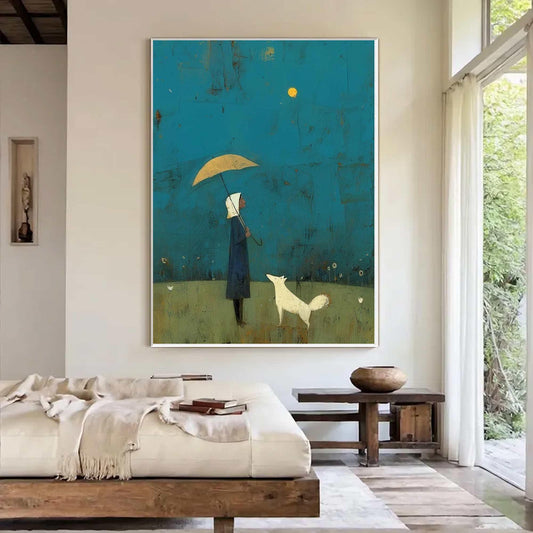 Girl and White Dog Art Under Yellow Umbrella | Hand-painted Abstract Wall Art | Minimalist Blue Landscape Painting | Modern Storybook Decor