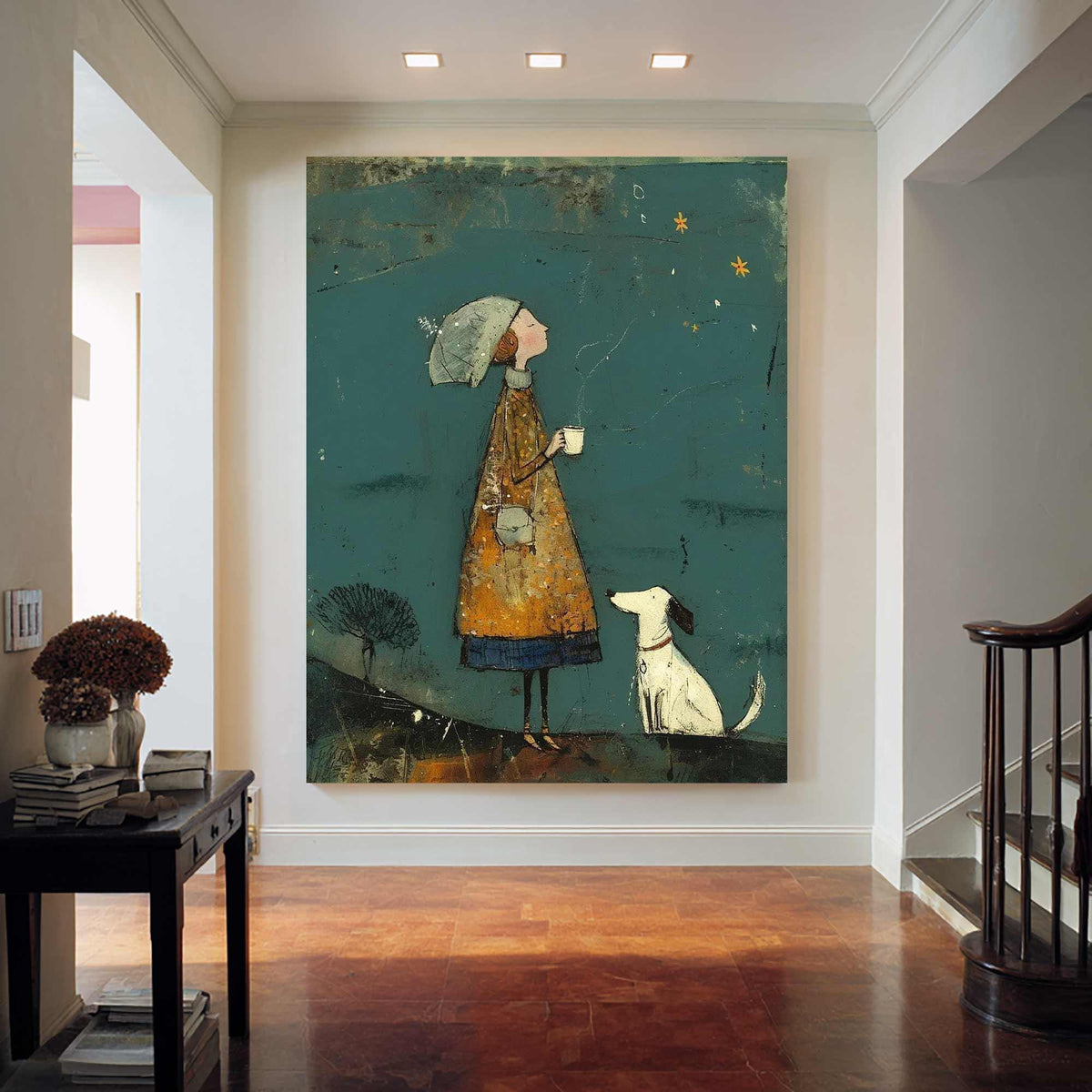 May include: A whimsical painting depicts a figure in a long, mustard-colored coat and hat, holding a cup, gazing at stars. A white dog with a collar sits nearby. The background is teal, with a small tree and a dark ground.