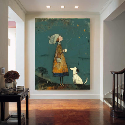May include: A whimsical painting depicts a figure in a long, mustard-colored coat and hat, holding a cup, gazing at stars. A white dog with a collar sits nearby. The background is teal, with a small tree and a dark ground.
