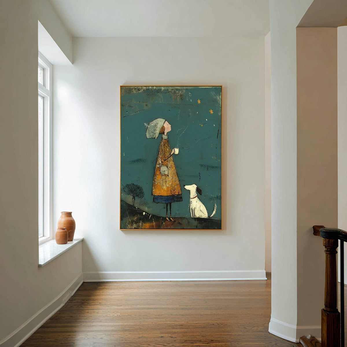 May include: An abstract painting depicts a figure in a yellow coat and hat, holding a cup, with a white dog. The artwork has a teal background with stars and a small tree. The painting is framed in a gold-colored frame.