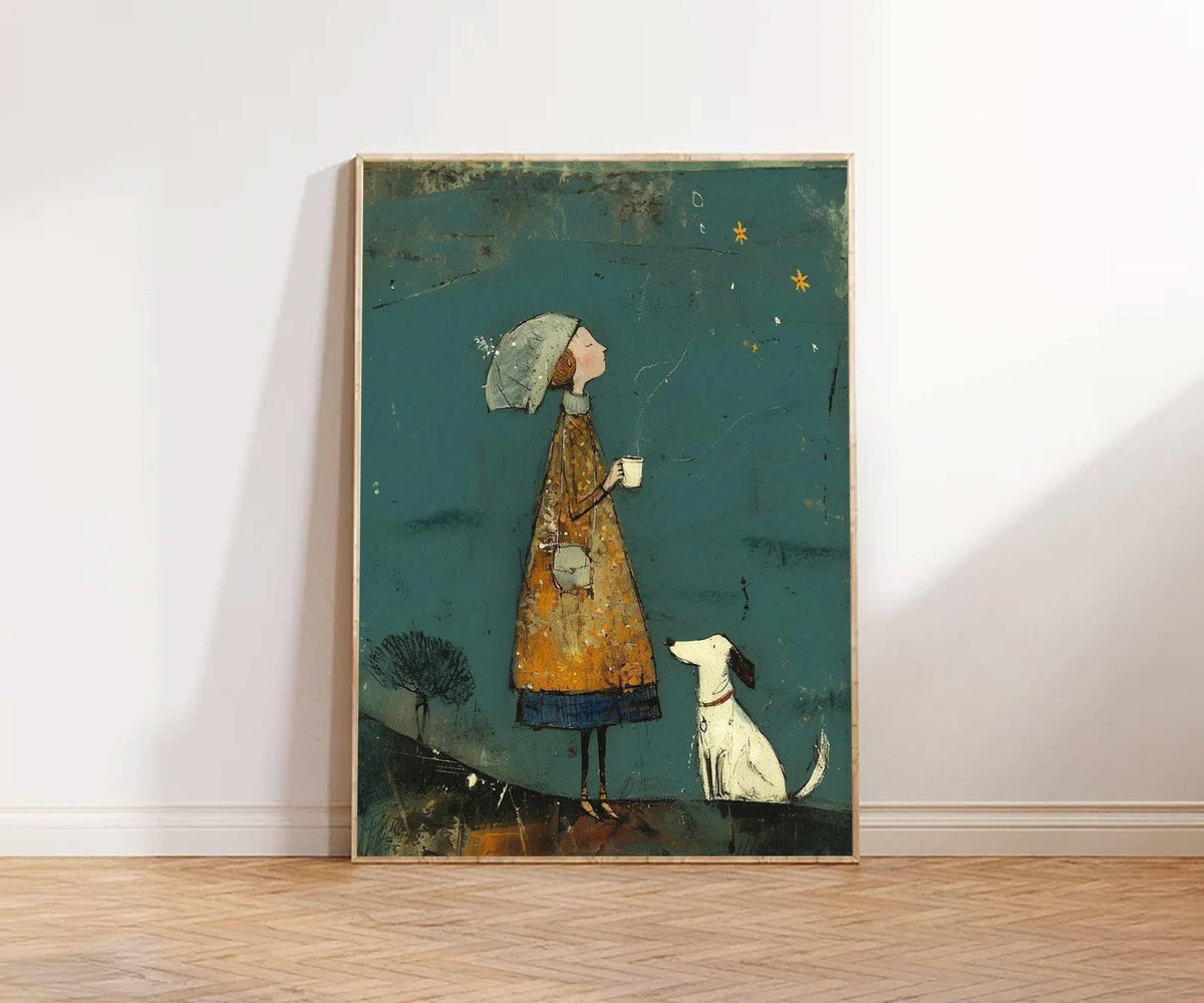 May include: A framed art print depicts a whimsical scene. A person in a long mustard-colored coat and hat looks up at two yellow stars, holding a cup. A white dog with black markings sits nearby. The background is teal.
