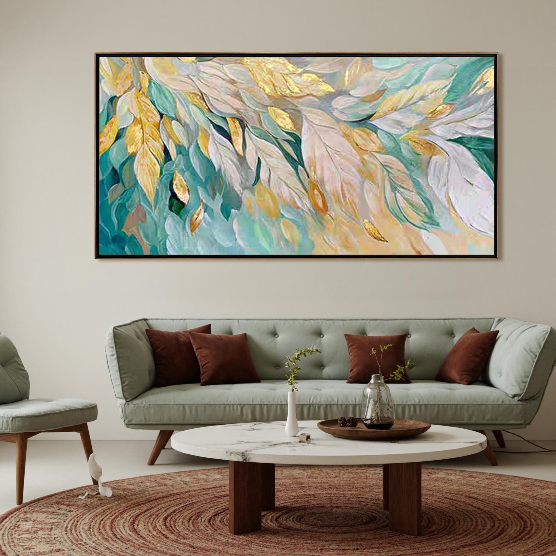 Large Gold Leaf Feather Painting, Teal White Abstract Textured Wall Art – Teal and Gold Bird Animal Wall Art | Abstract Impas