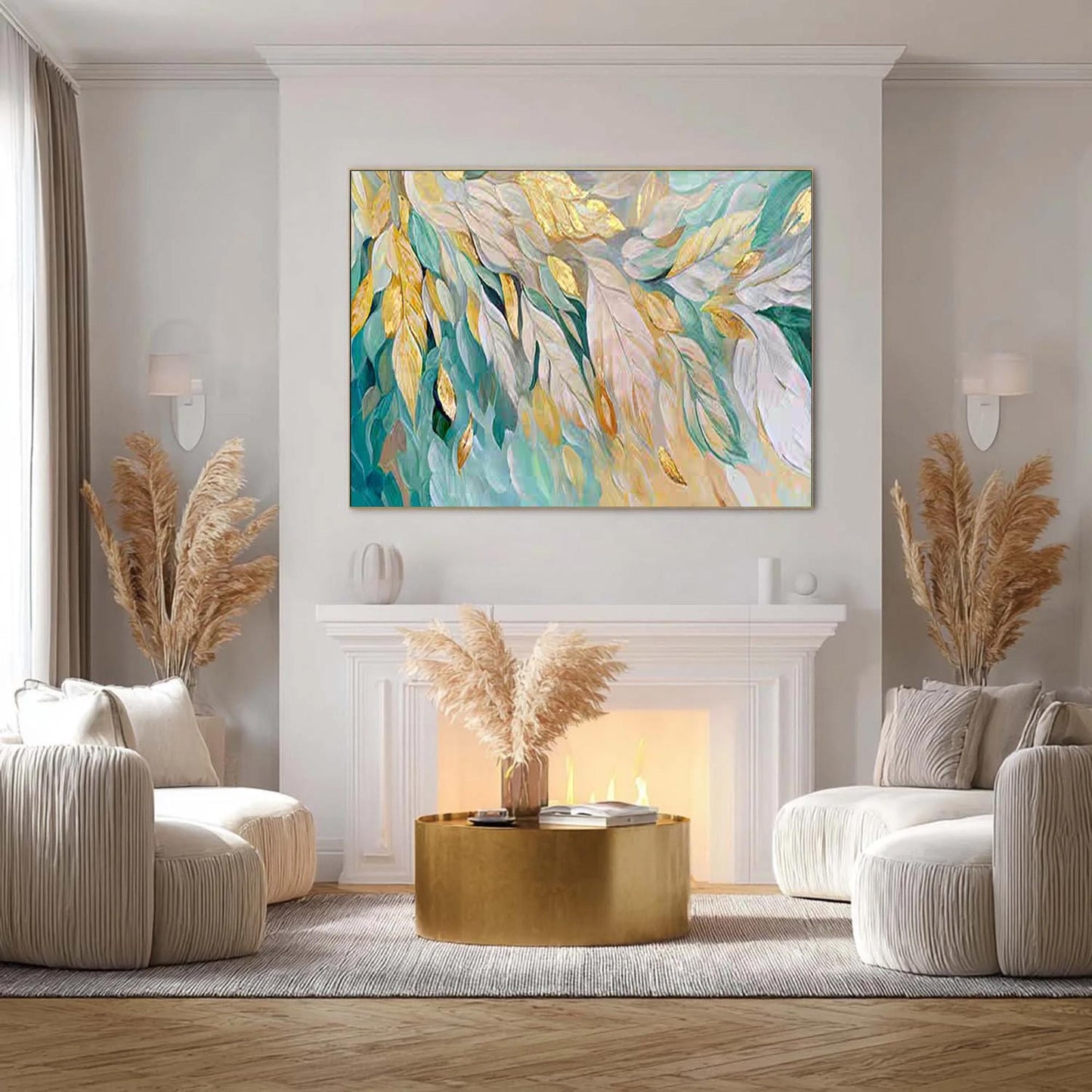 Large Gold Leaf Feather Painting, Teal White Abstract Textured Wall Art – Teal and Gold Bird Animal Wall Art | Abstract Impas