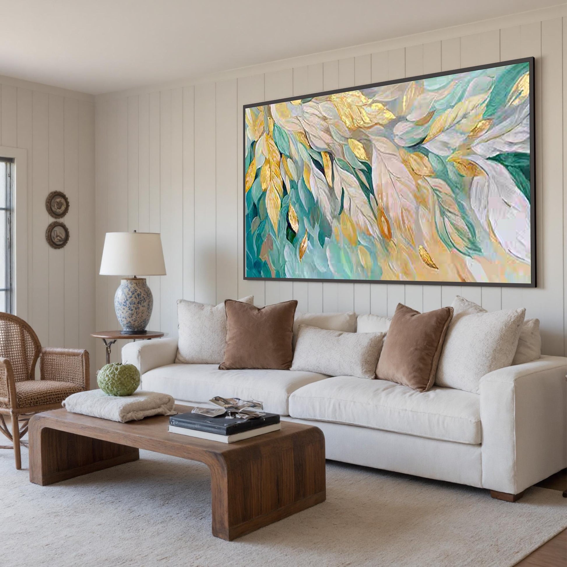 Large Gold Leaf Feather Painting, Teal White Abstract Textured Wall Art – Teal and Gold Bird Animal Wall Art | Abstract Impas