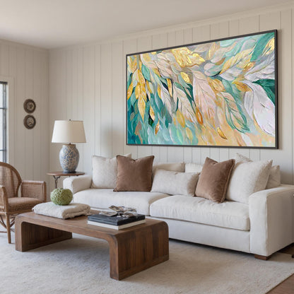 Large Gold Leaf Feather Painting, Teal White Abstract Textured Wall Art – Teal and Gold Bird Animal Wall Art | Abstract Impas