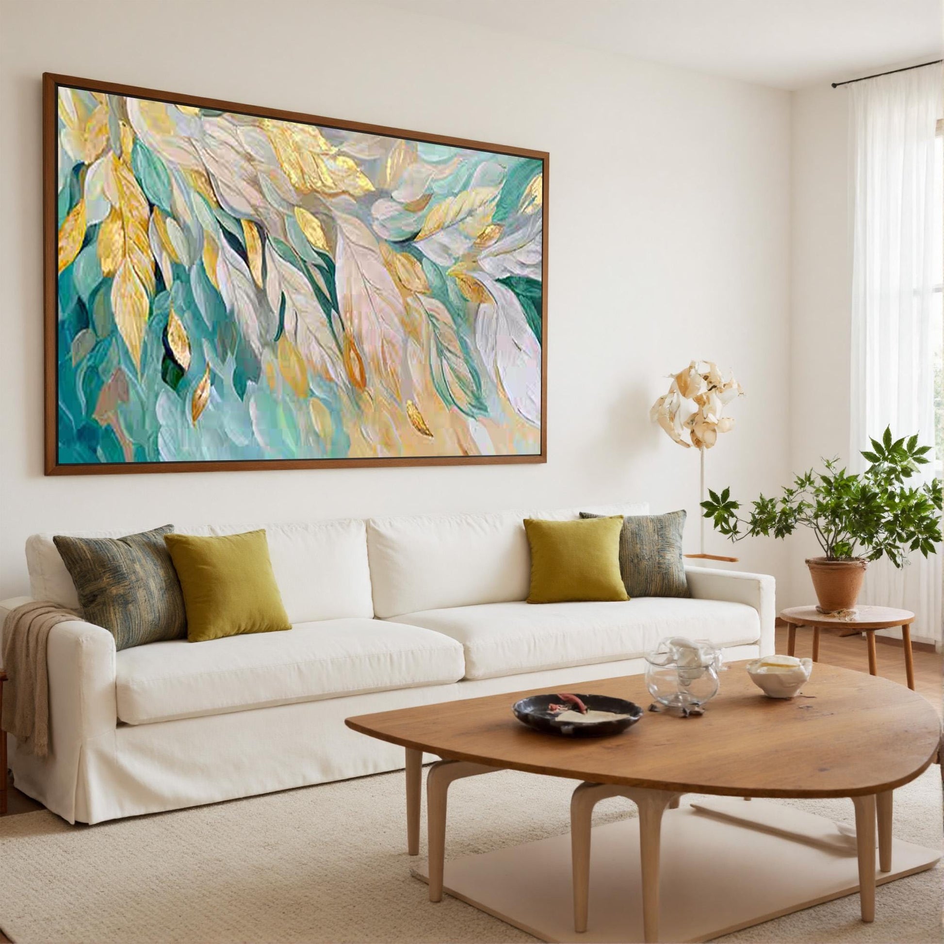 Large Gold Leaf Feather Painting, Teal White Abstract Textured Wall Art – Teal and Gold Bird Animal Wall Art | Abstract Impas
