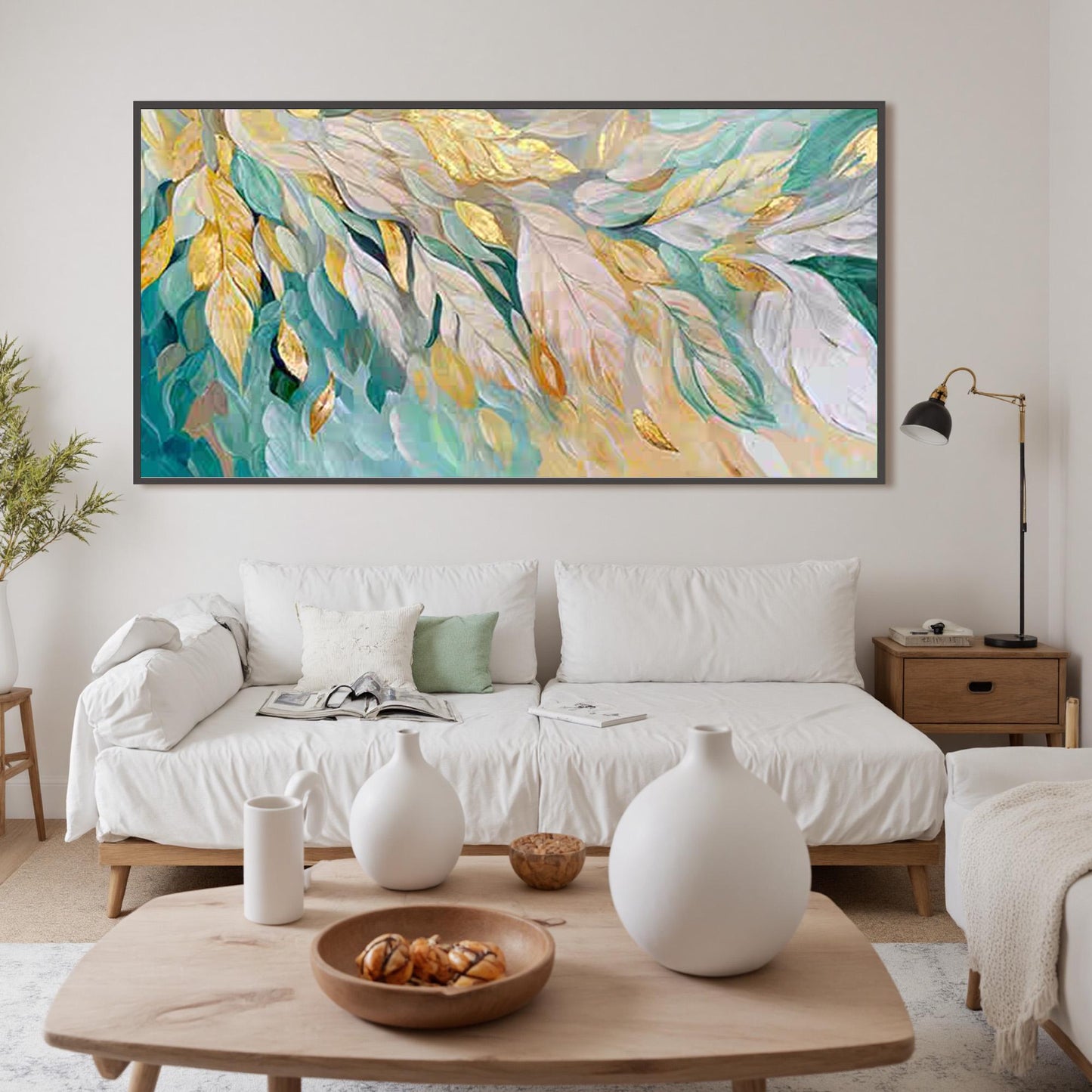 Large Gold Leaf Feather Painting, Teal White Abstract Textured Wall Art – Teal and Gold Bird Animal Wall Art | Abstract Impas