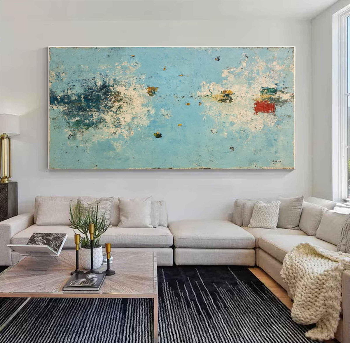 Large Blue Abstract Wall Art Textured Coastal Canvas Painting for Modern Living Room Decor