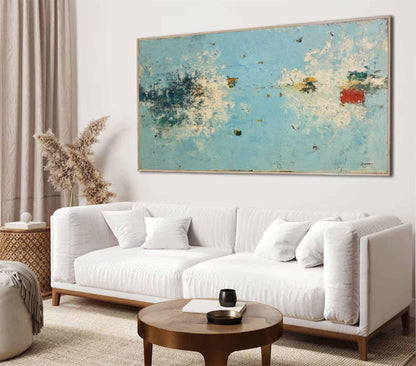 Large Blue Abstract Wall Art Textured Coastal Canvas Painting for Modern Living Room Decor