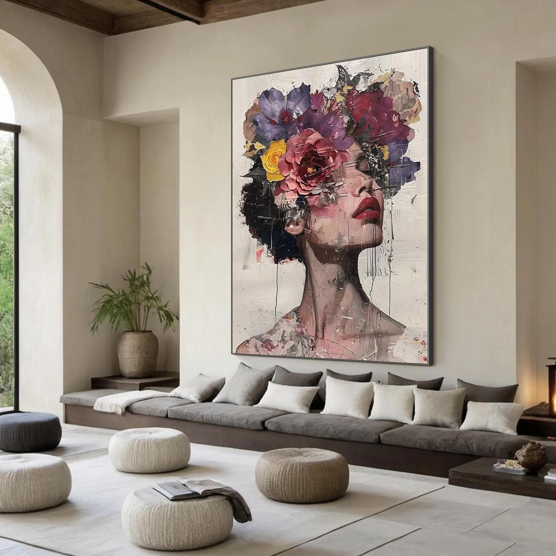 Abstract Woman Portrait Painting, Floral Crown, Textured Handmade Canvas Art – Female Figure Portrait Wall Art | Abstract Tex