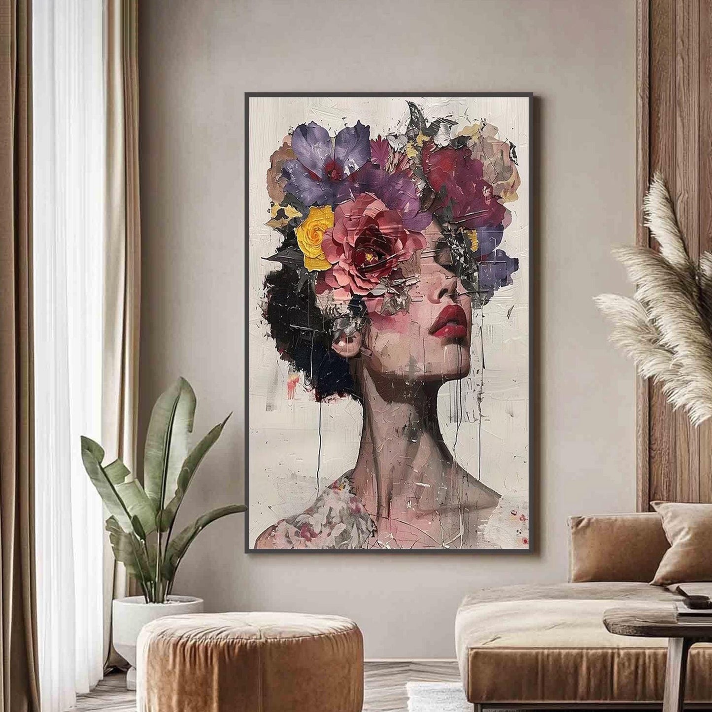 Abstract Woman Portrait Painting, Floral Crown, Textured Handmade Canvas Art – Female Figure Portrait Wall Art | Abstract Tex