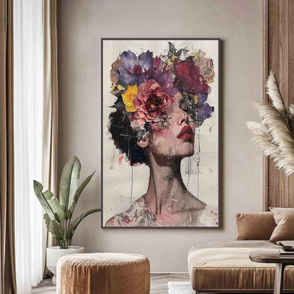 Abstract Woman Portrait Painting, Floral Crown, Textured Handmade Canvas Art – Female Figure Portrait Wall Art | Abstract Tex