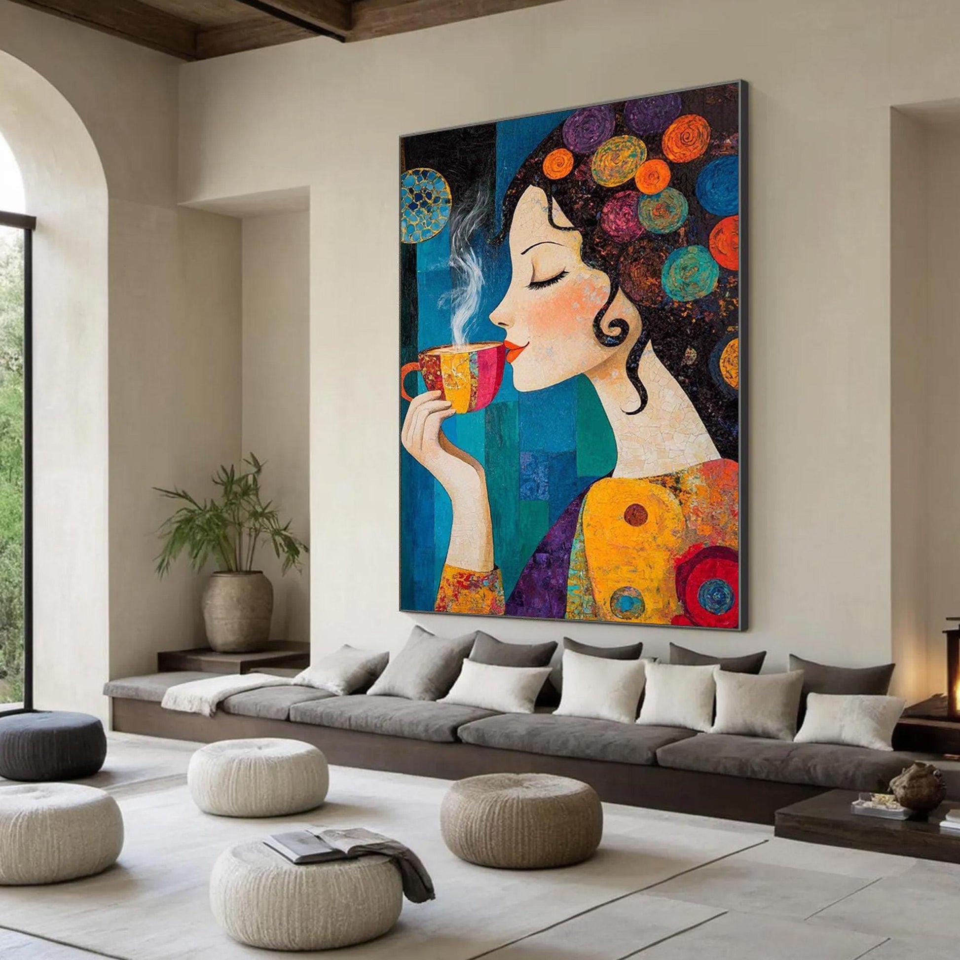 Whimsical Woman with Coffee – Colorful Coffee Abstract Wall Art | Textured Hand-Painted Oil Painting, view 2