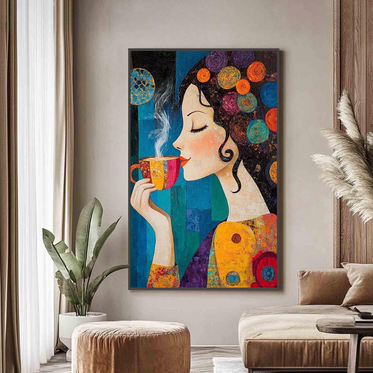 Colorful Textured Coffee Abstract Wall Art – Whimsical Woman with Coffee