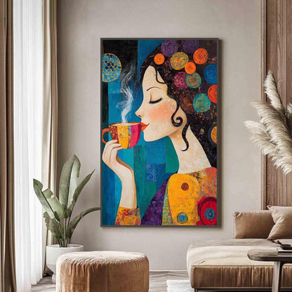 Colorful Textured Coffee Abstract Wall Art – Whimsical Woman with Coffee