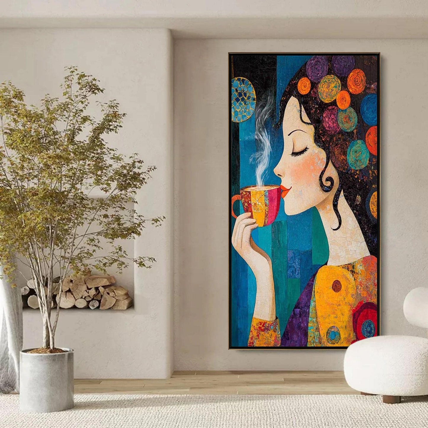 Colorful Textured Coffee Abstract Wall Art – Whimsical Woman with Coffee