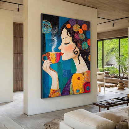 Whimsical Woman with Coffee – Colorful Coffee Abstract Wall Art | Textured Hand-Painted Oil Painting, view 3