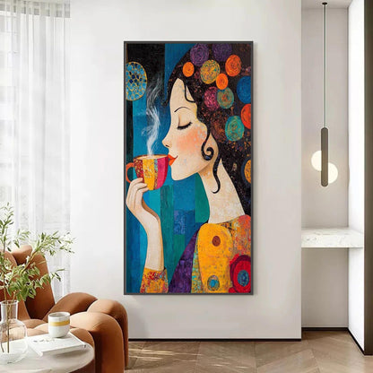Whimsical Woman with Coffee – Colorful Coffee Abstract Wall Art | Textured Hand-Painted Oil Painting, view 4