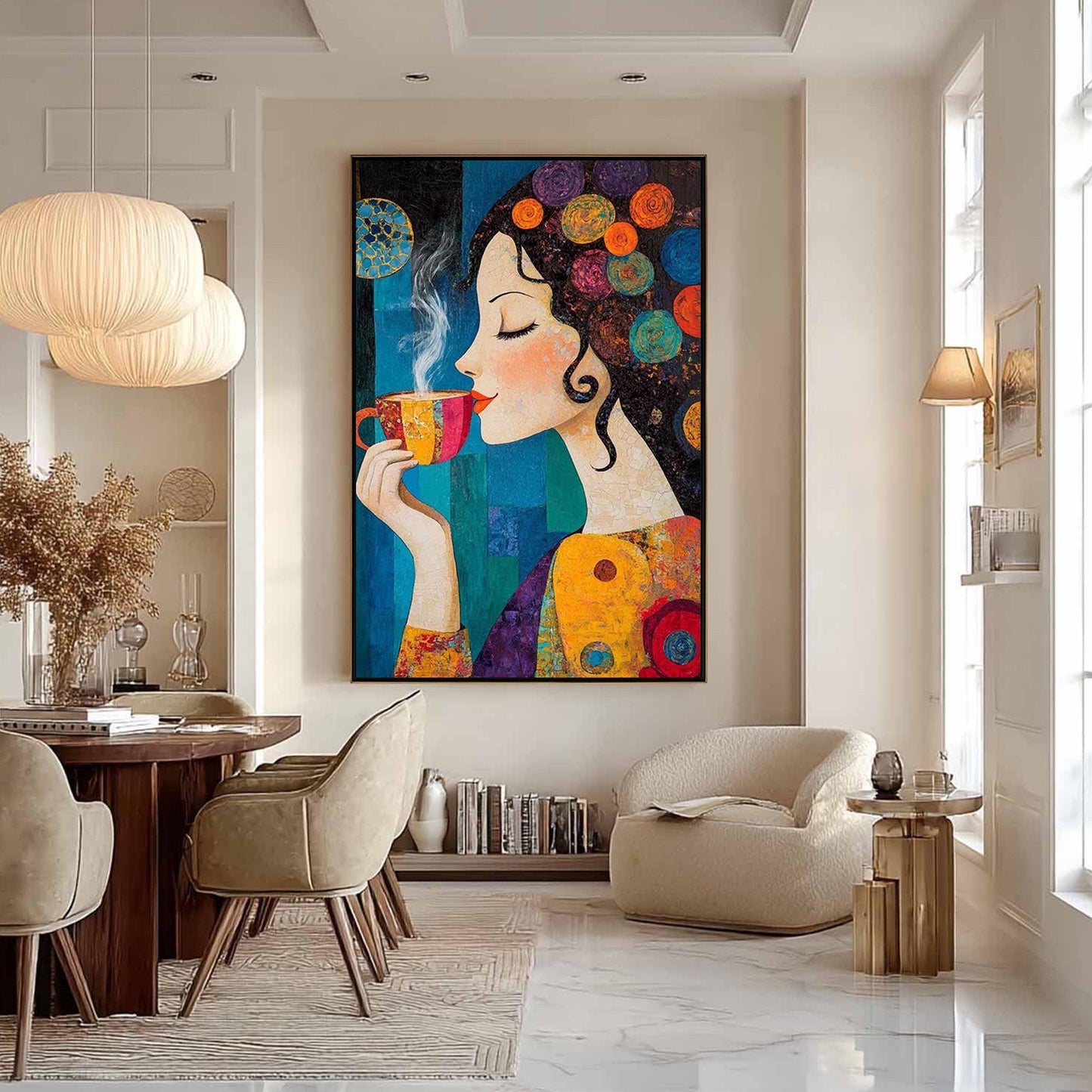 Colorful Textured Coffee Abstract Wall Art – Whimsical Woman with Coffee