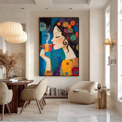 Colorful Textured Coffee Abstract Wall Art – Whimsical Woman with Coffee