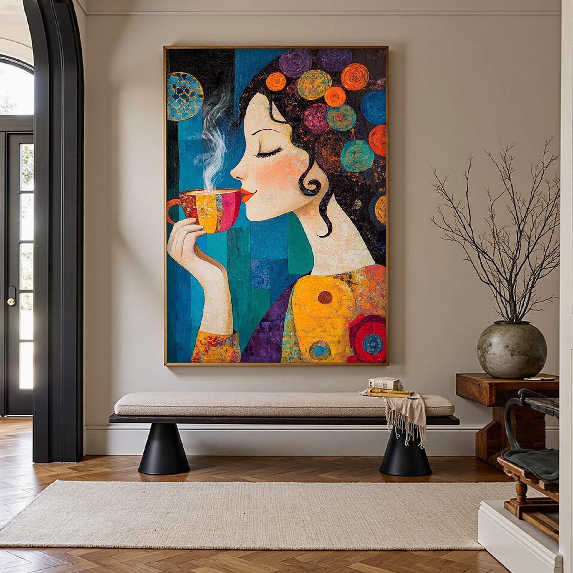 Whimsical Woman with Coffee – Colorful Coffee Abstract Wall Art | Textured Hand-Painted Oil Painting, view 1