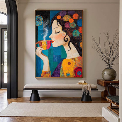 Whimsical Woman with Coffee – Colorful Coffee Abstract Wall Art | Textured Hand-Painted Oil Painting, view 1
