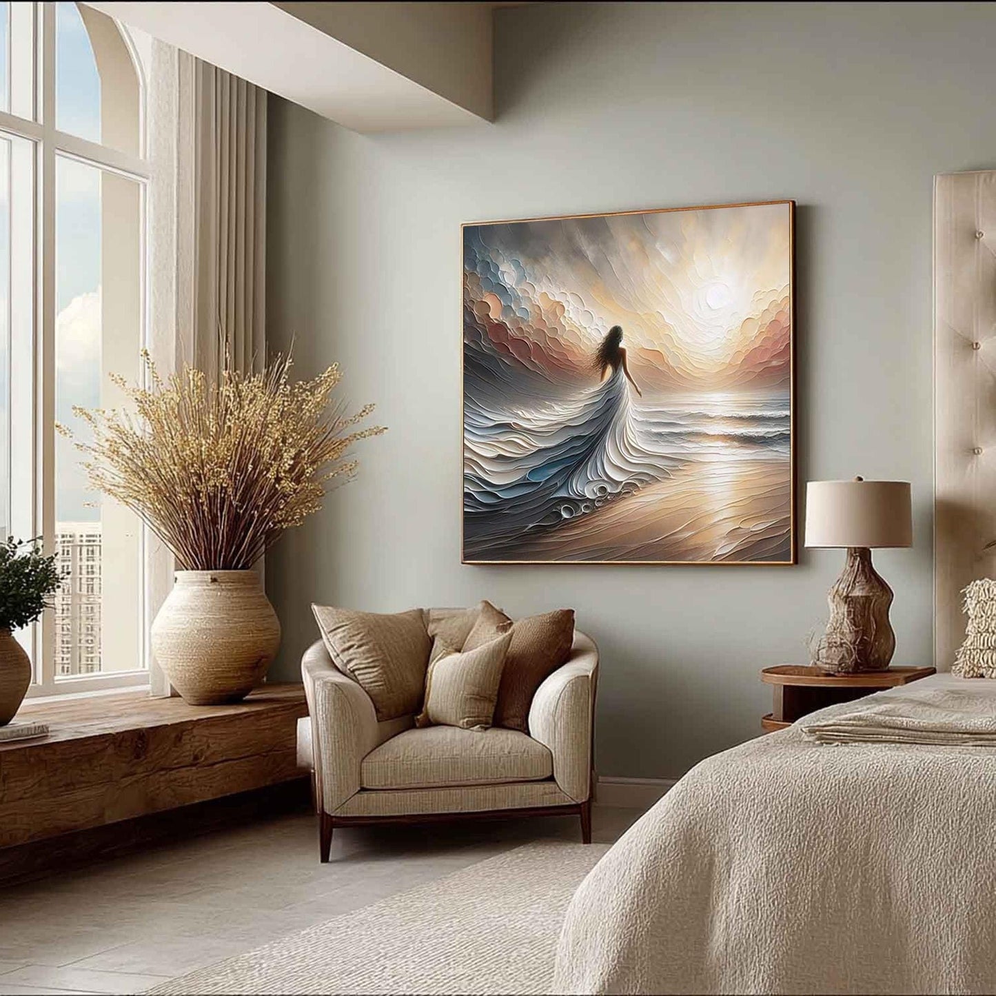 Textured Seascape Painting, Ethereal Woman on Beach, Large Impasto Art – Beach Seascape Wall Art | Impasto Painting, view 2